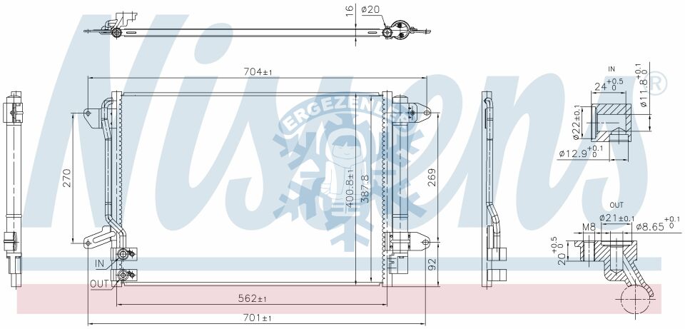 RADYATÖR, RADİSEN, VW JETTA IV (10-) 1.2, 1.4 TSI, 1.6, 1.8 FSI GAZ GİRİŞLERi 8,6mm ''CONTALI