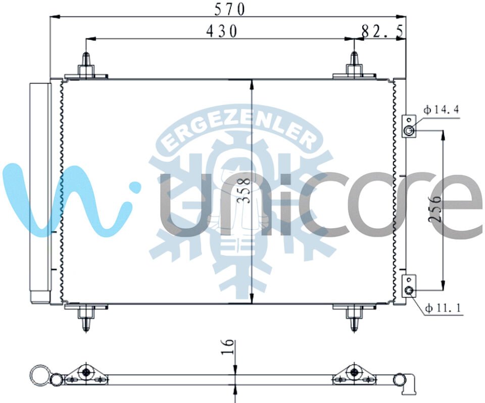 RADYATÖR, UNICORE 20CNC401B, 6455.CX, CITROEN C4, BERLINGO, PEUGEOT 307, 308, 408, 5008, 3008 2009-2015 1.6HDI, 2.0HDI 2004+, ÖLÇÜ: 535*361