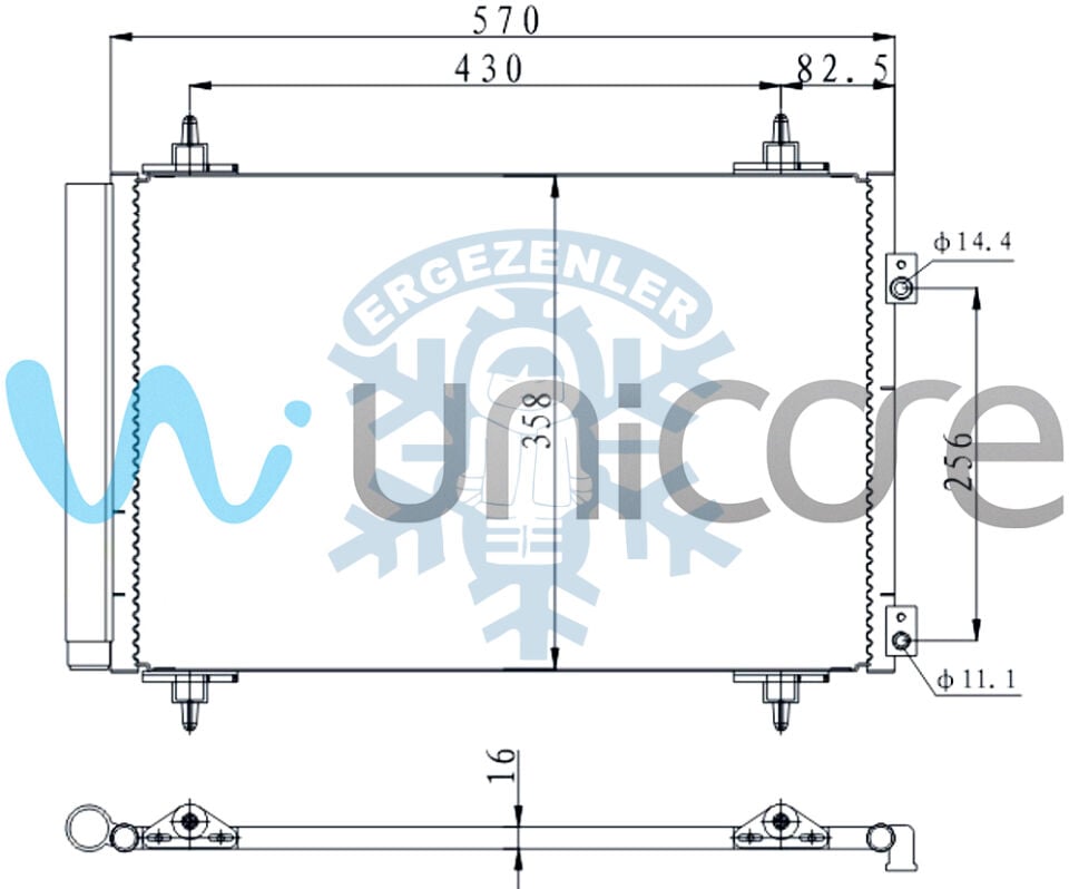 RADYATÖR, UNICORE 20CNC401B, 6455.CX, CITROEN C4, BERLINGO, PEUGEOT 307, 308, 408, 5008, 3008 2009-2015 1.6HDI, 2.0HDI 2004+, ÖLÇÜ: 535*361